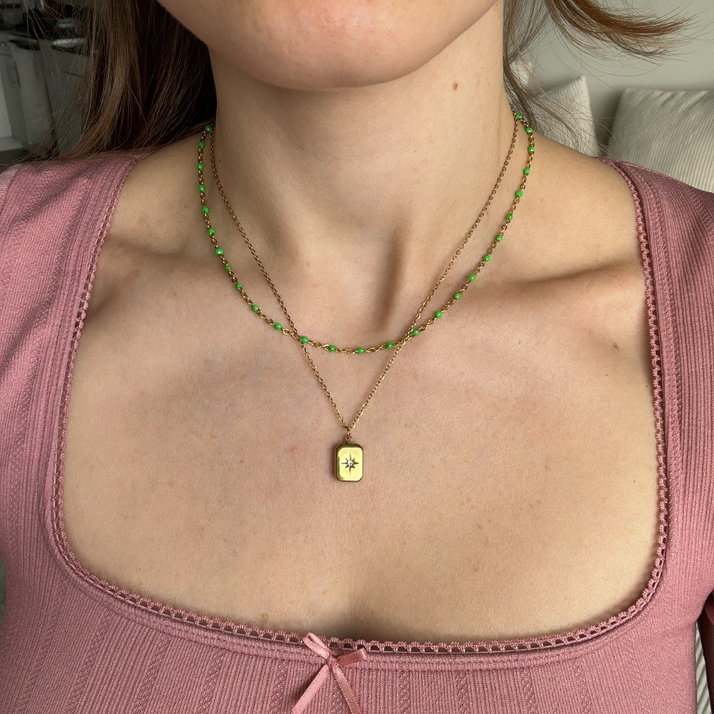 Gold stainless steel cubic zerconi dainty necklace rectangular pendant